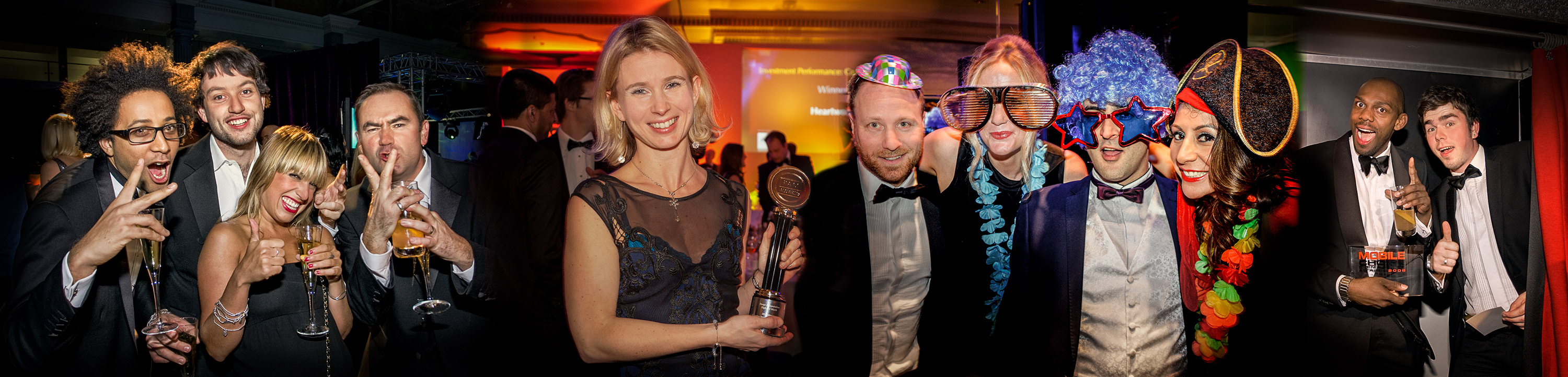 Composition photograph of various people attending an awards dinner, some of whom are wearing fancy dress