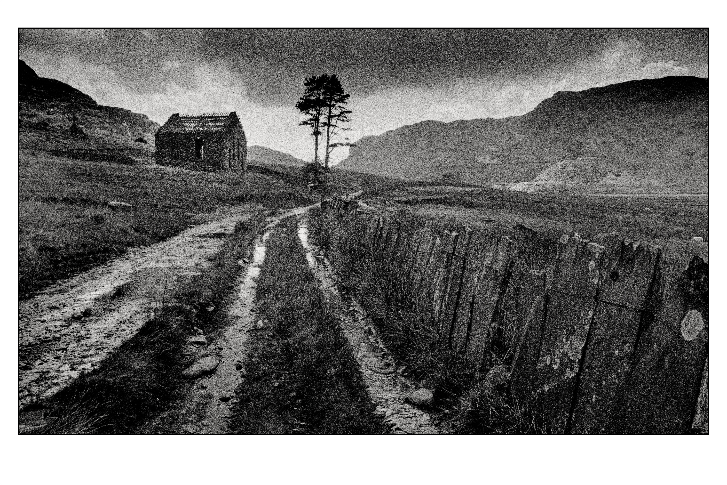 Black and white of Slate Road, Wales. Photographed on film