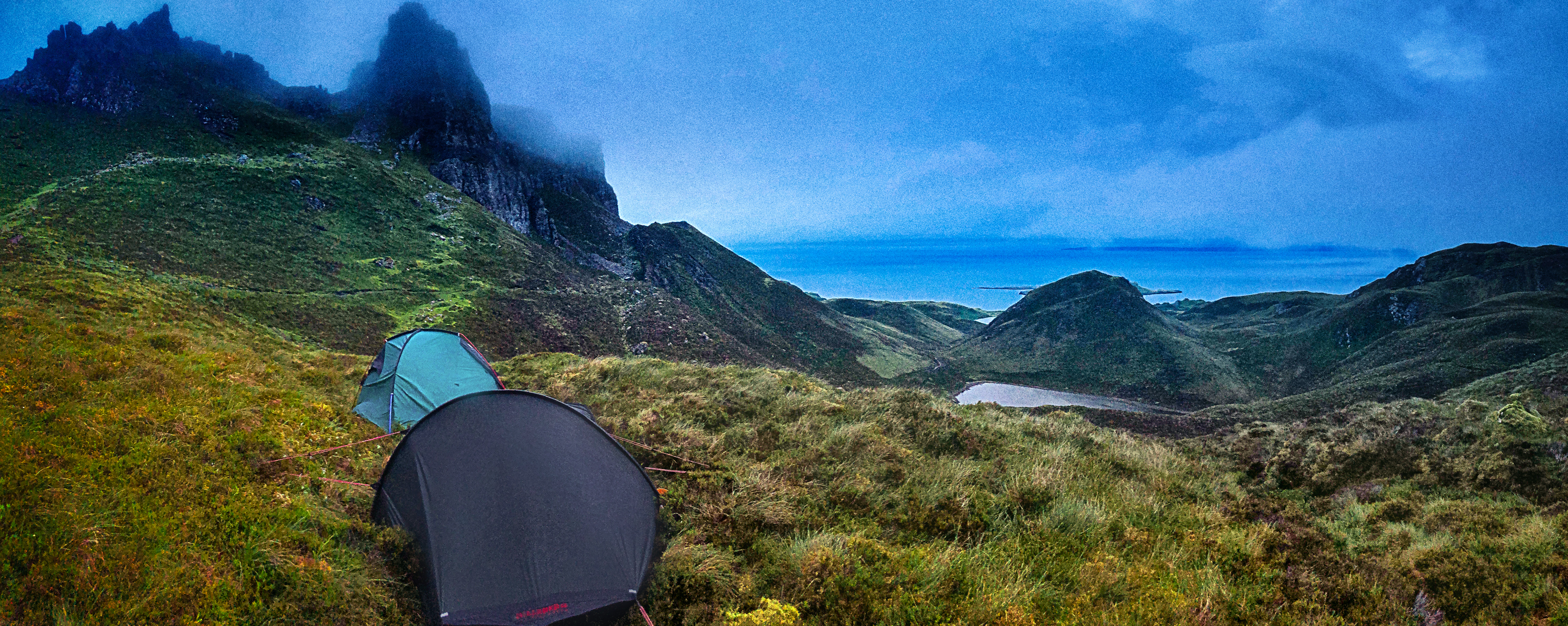 Tents on a wild and blustery night at The Quiraing, Skye